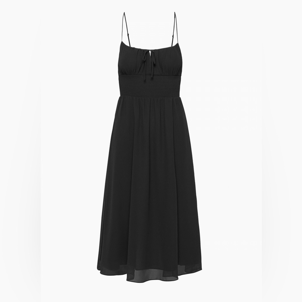 Wilfred Aritzia Dress Black Genoa Midi Tank Small Slit Smocked Stretch Chiffon